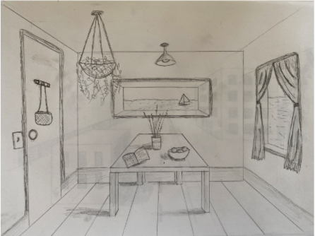 One point perspective sketch of a room. Shadows and angles to create an effect of a real room.

