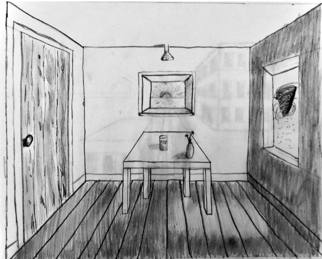 One point perspective sketch of a room. The calm stillness inside while the chaos awaits outside. 
