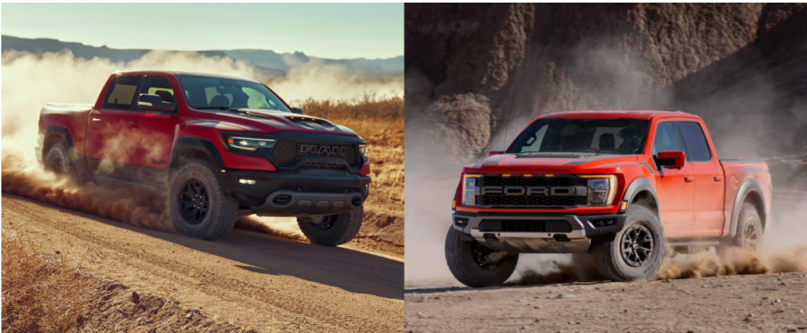 A+side+by+side+comparison+of+the+Ram+TRX+and+the+Ford+Raptor.+