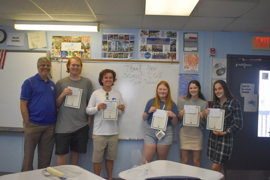 OCMI Essay Contest winners pose with their teacher, Mr. Scalia, from left to right: Keagan Hallock, Ryan Miner, Riley Letendre, Abigail Gallup, Haylen Irvan.