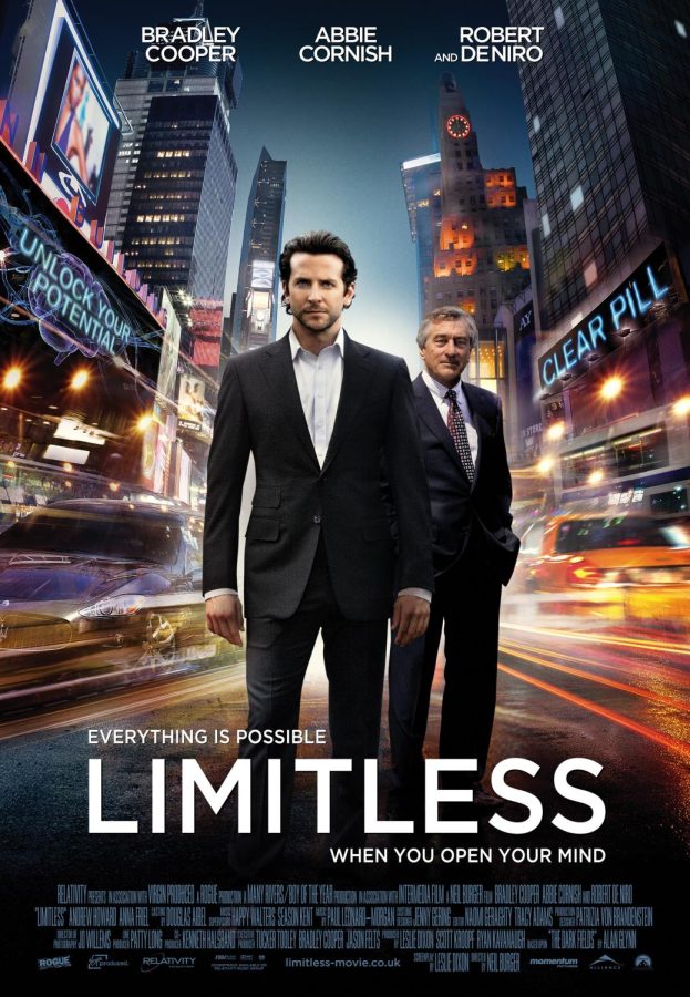 The promotional poster for the film, Limitless, featured Bradley Cooper. Image credit: Rogue Pictures.