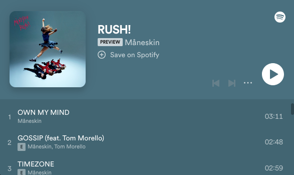 RUSH! is a studio album by the Italian band Måneskin. Photo from Spotify. 
