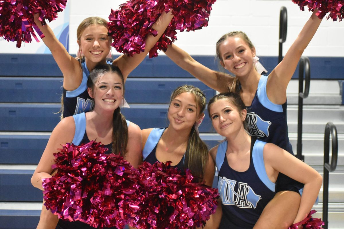 Sophomore Cheerleaders Ava Ball(top left), Lily Chiscavage (bottom left), Ayleen Abin (middle), Bianca Fernadez (top right), Jenna Snover (bottom right) 