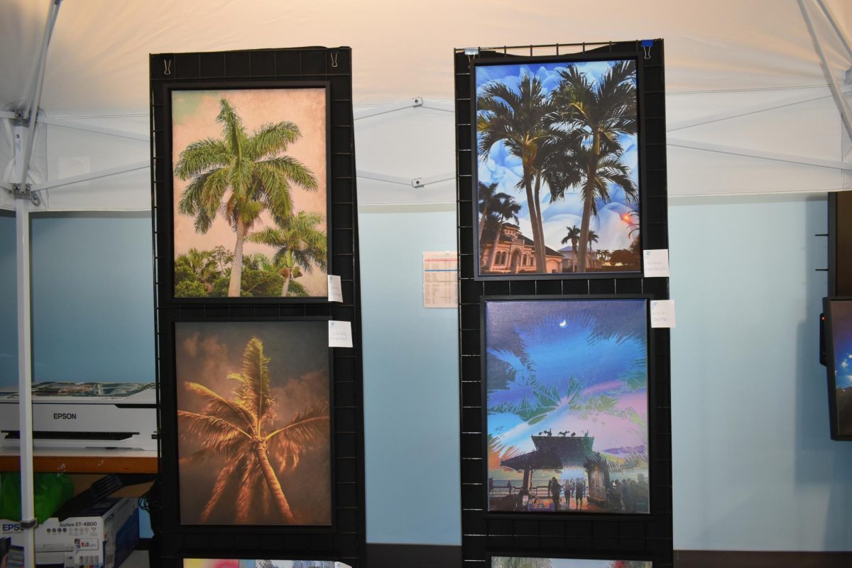Four of the pictures on display, all having palm trees incorporated. Akiel Jimenez (top left), Celeste Forester (bottom left), Austin Hendrick (top right), Noa Batlle (bottom right)