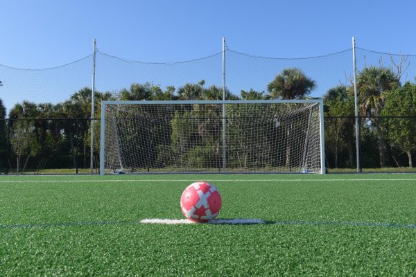 A picture of a soccer ball posed on MIA's very own field. 