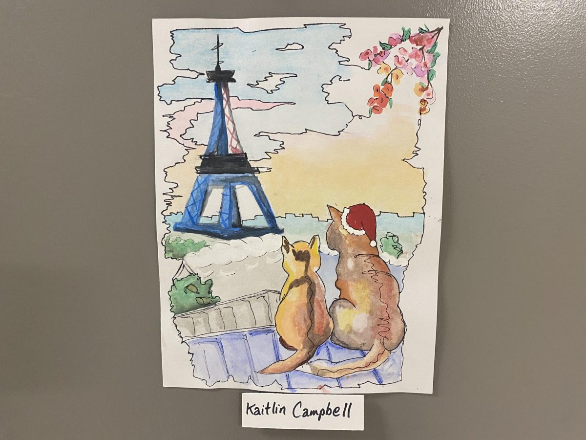 Two cats in Paris looking at the Effiel Tower,  one with a Santa hat. 