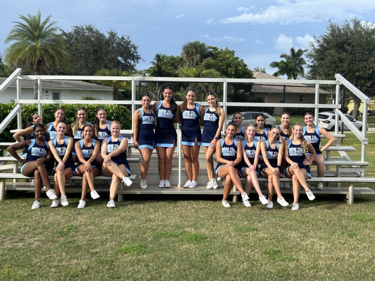 MIA Cheer Team poses on the bleachers before their first game of the year.