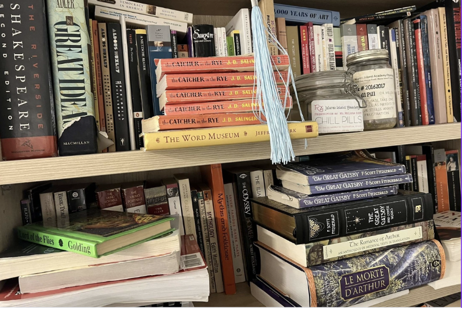 A bookshelf of some of the banned books in Florida schools and libraries. 