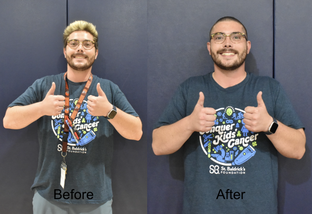 Mr. Wood before and after he shaved his head for the St. Baldrick's Foundation.