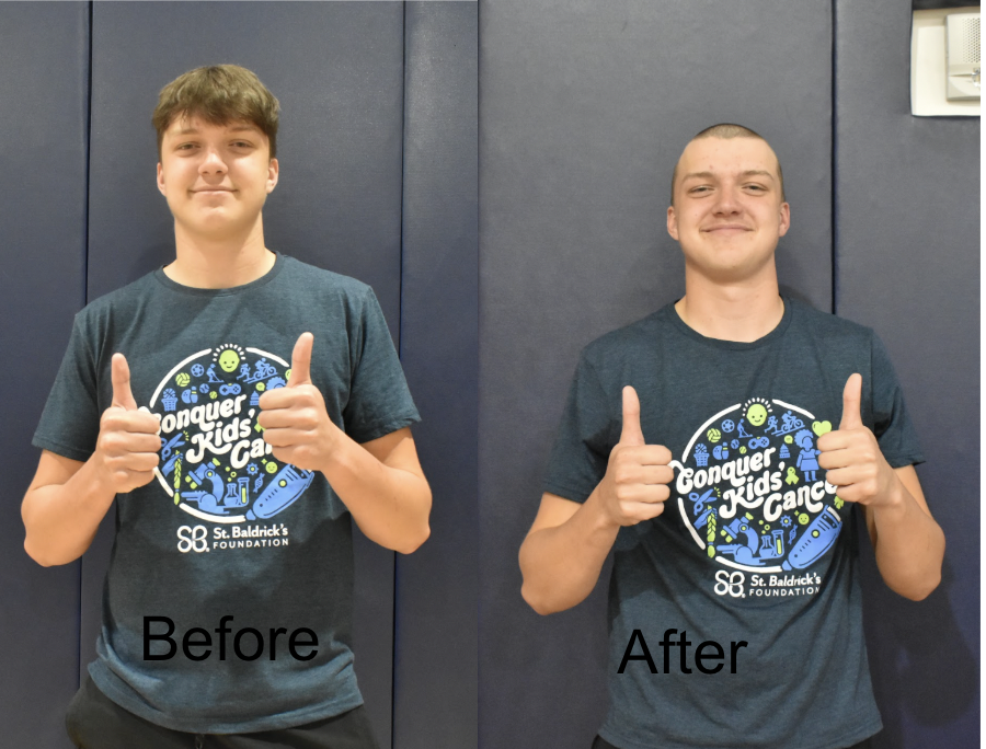 Jordan Rodden before and after he shaved his head for the St. Baldrick's Foundation.