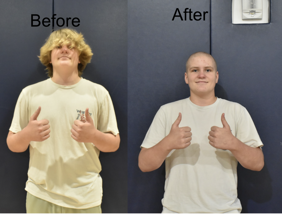 Tyler Wall before and after he shaved his head for the St. Baldrick's Foundation.