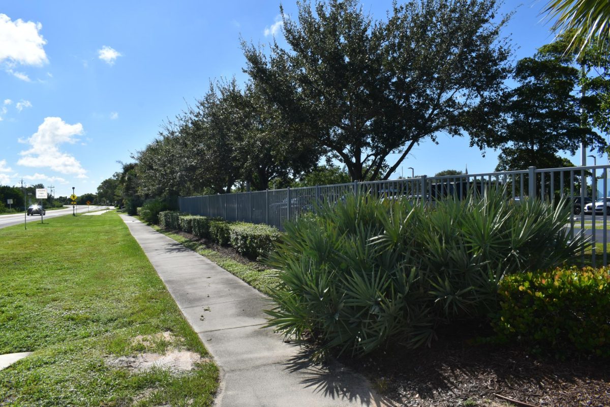 The student parking lot fence view from the main entrance.