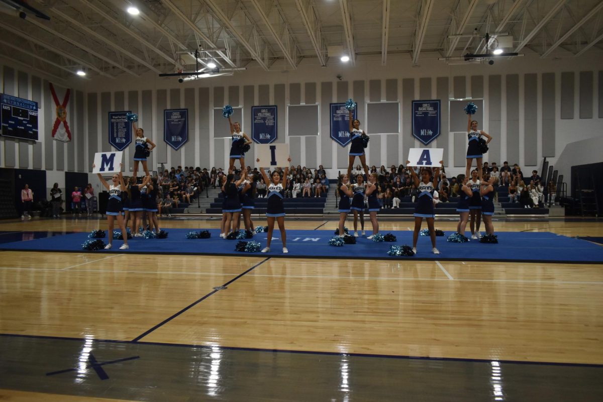 Cheerleaders show school pride with signs and stunts at pep rally.