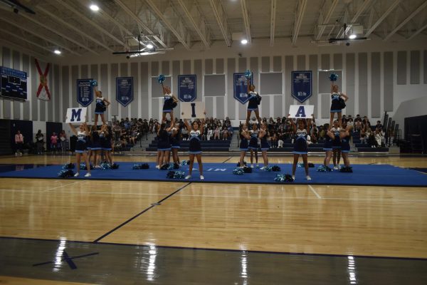 Cheerleaders show school pride with signs and stunts at pep rally.