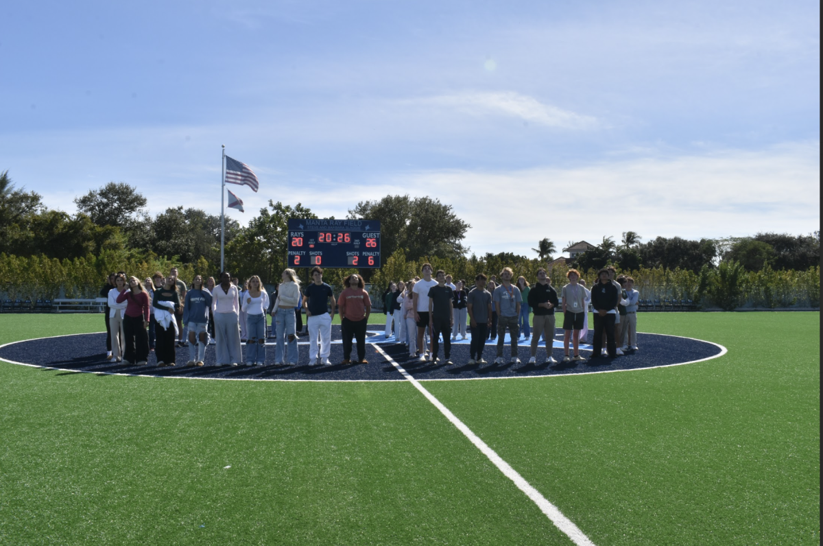Majority of seniors looking up at the sky as they watch the plane fly over them for the first time.