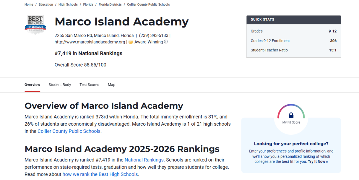 A screenshot of MIA's 2025-2026 ranking on the U.S. News website.