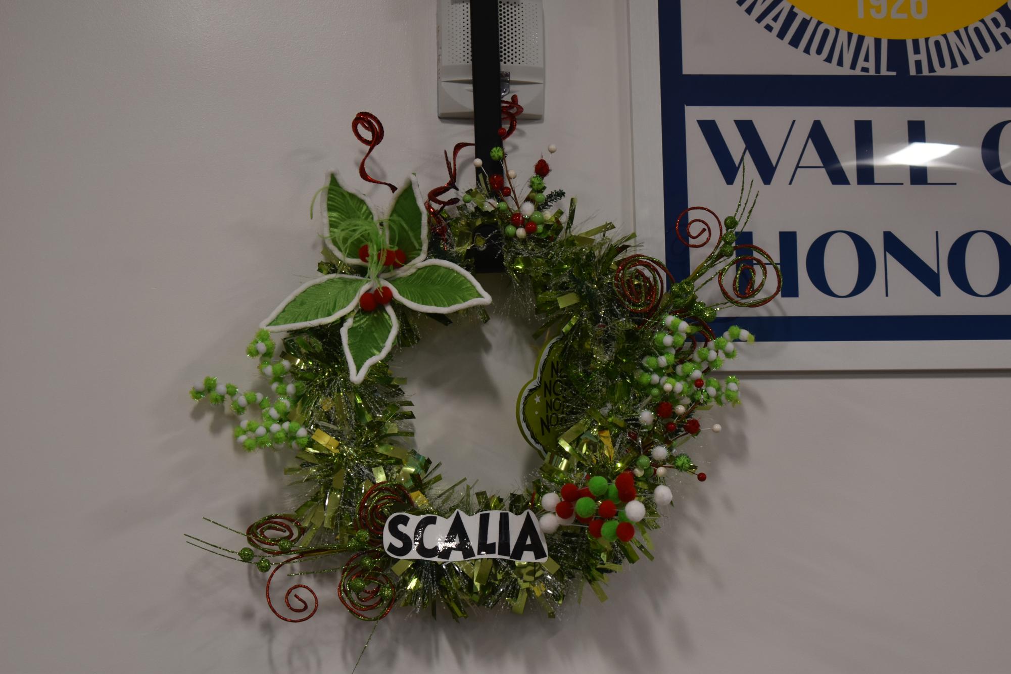 One personalized teacher wreath for Mr. Scalia, "Grinch" themed for the holidays. 