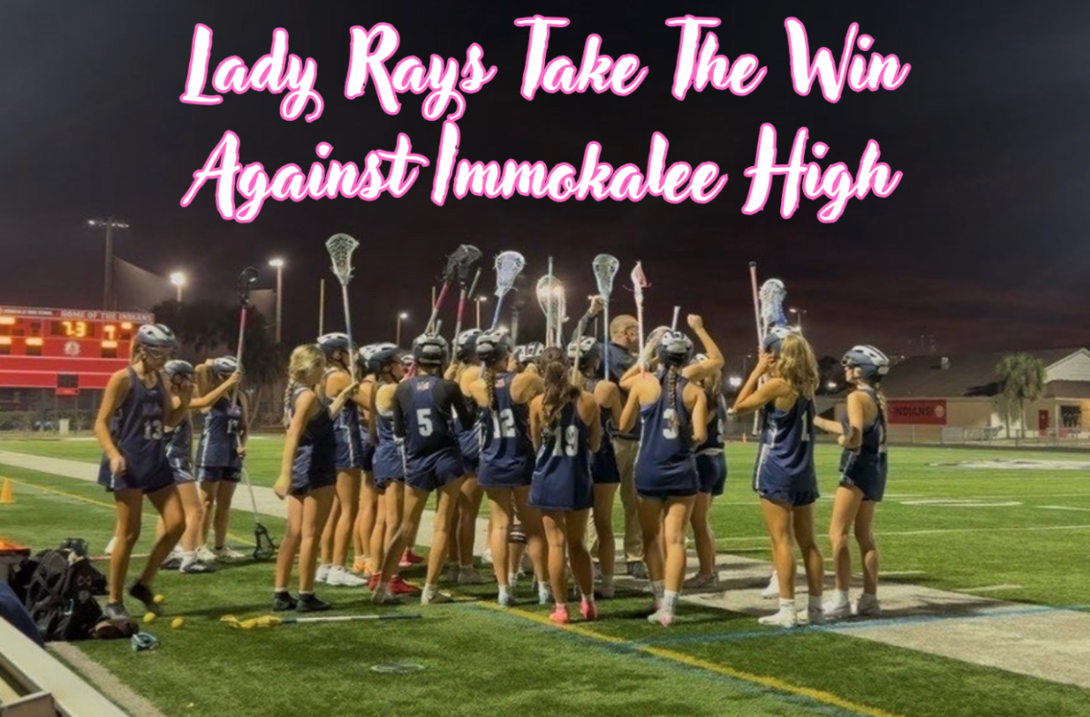 The Lady Rays huddled together with 
 their sticks in the air. Image made on Canva.