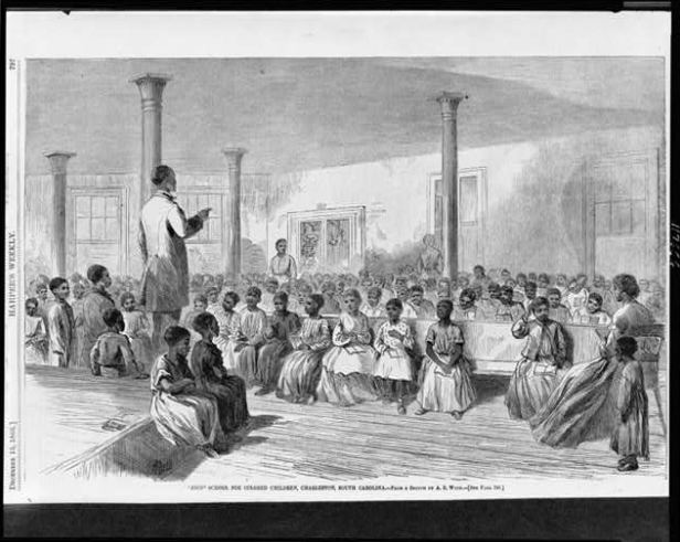 The “Zion School for Colored Children, Charleston, South Carolina,” a piece created by Alfred R. Waud and published in Harper’s Weekly in 1866. This shows one of the many schools established for freedmen after the Civil War. Photo credit: Public domain via the Library of Congress.
