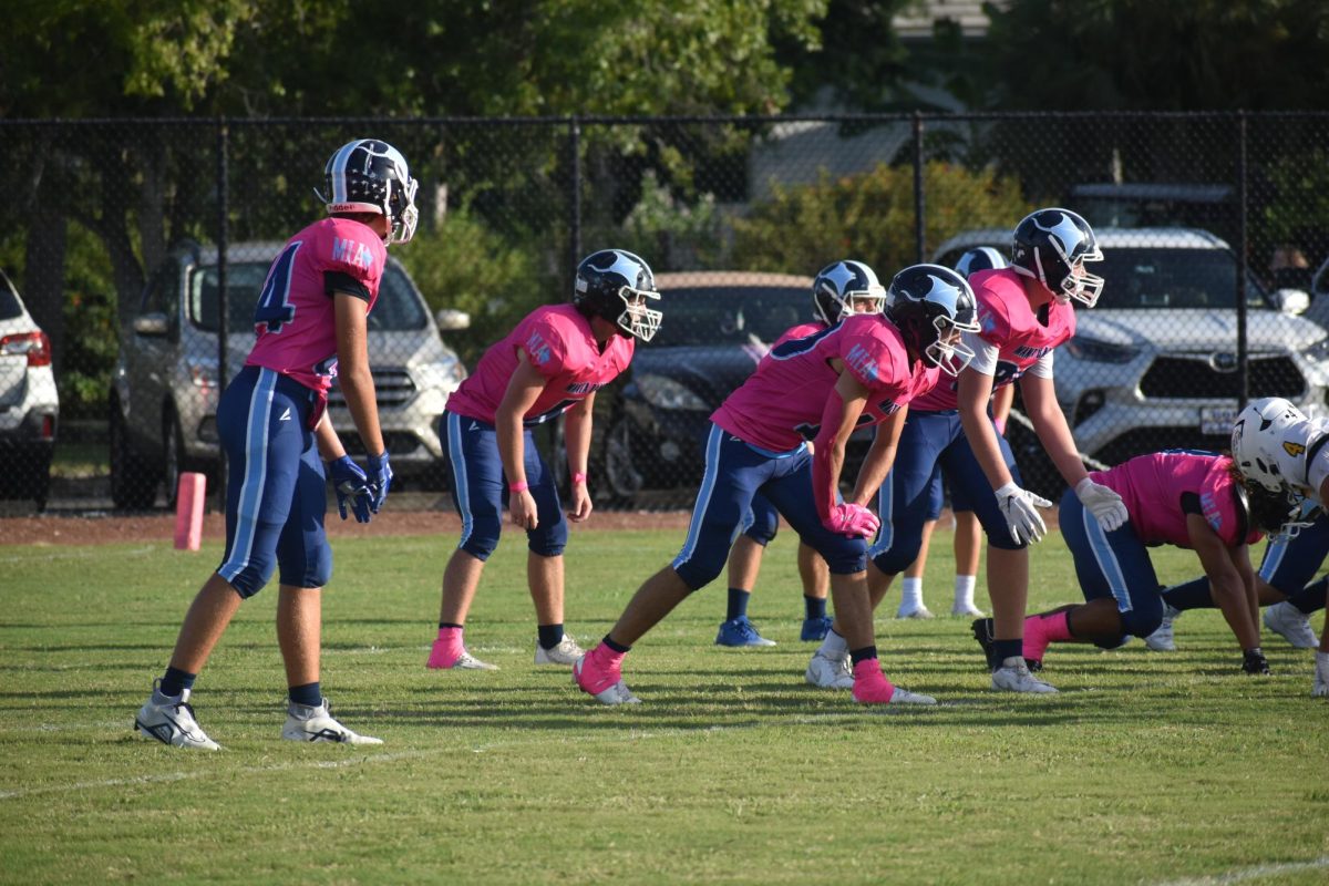 MIA football players lined up for a play. 